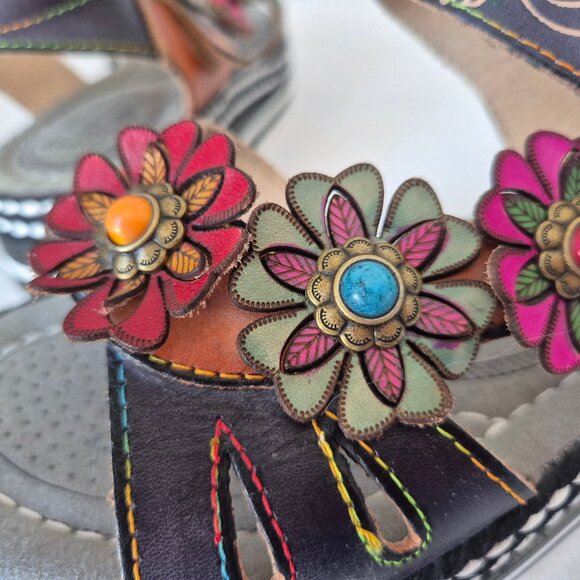 L'Artiste Spring Step Laga Leather Floral Ornament Platform Sandal Open Toe - Picture 5 of 15